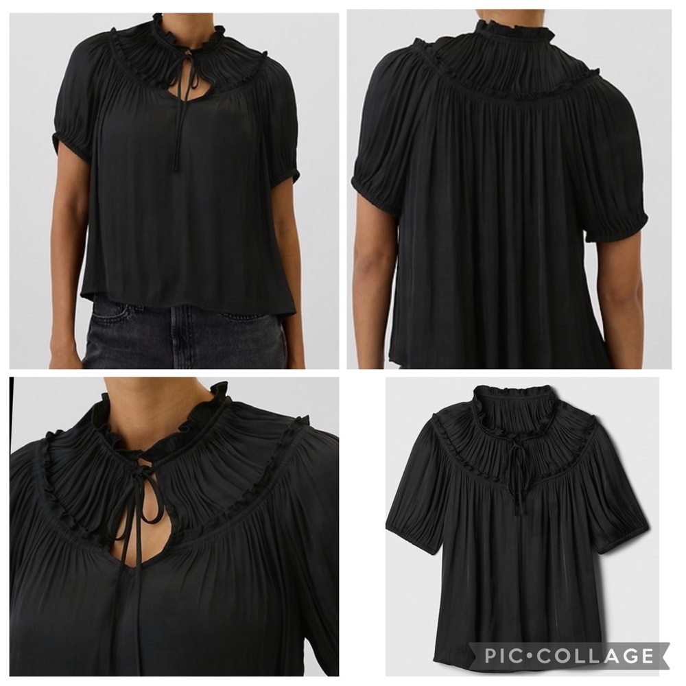 Gap Satin Pleated Puff Sleeved Keyhole Tie Neck Blouse